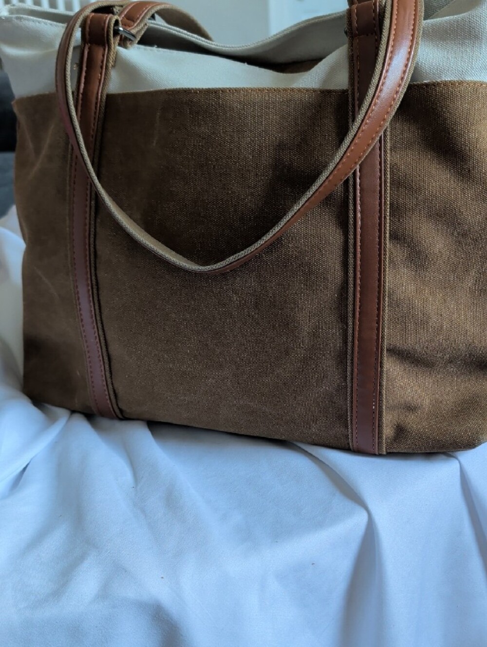 Canvas Tote Laptop Bag in Brown and Cream - Picture 4 of 4